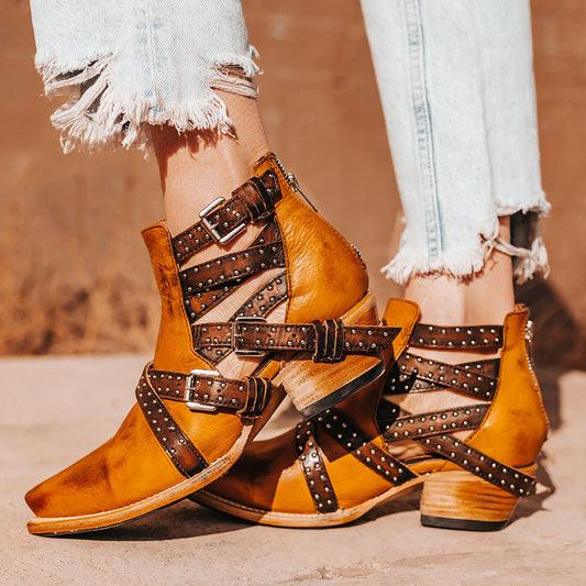 Yellow Vintage Buckle Straps Chunky Heel Western Boots for Women