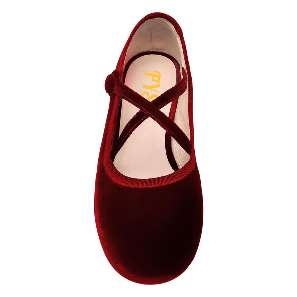Comfy Maroon Velvet Round Toe Ballet Flats with Straps