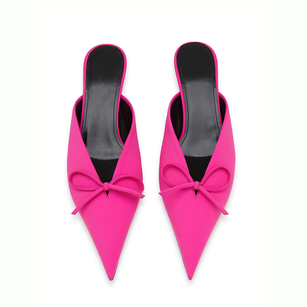 Women's Fuchsia Fabric Kitten Heel Pointy Toe Mules Shoes with Bow