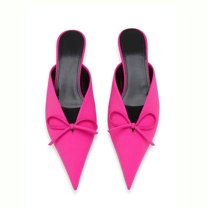 Women's Fuchsia Fabric Kitten Heel Pointy Toe Mules Shoes with Bow