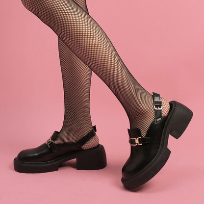 Women's Black Round Toe Metal Decorated Slingback Chunky Loafers