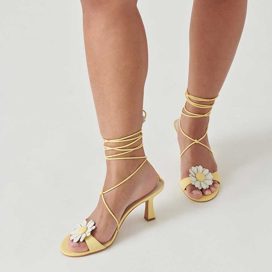 Yellow Open Toe 3'' Flared Heel Floral Cute Strappy Sandals for Women