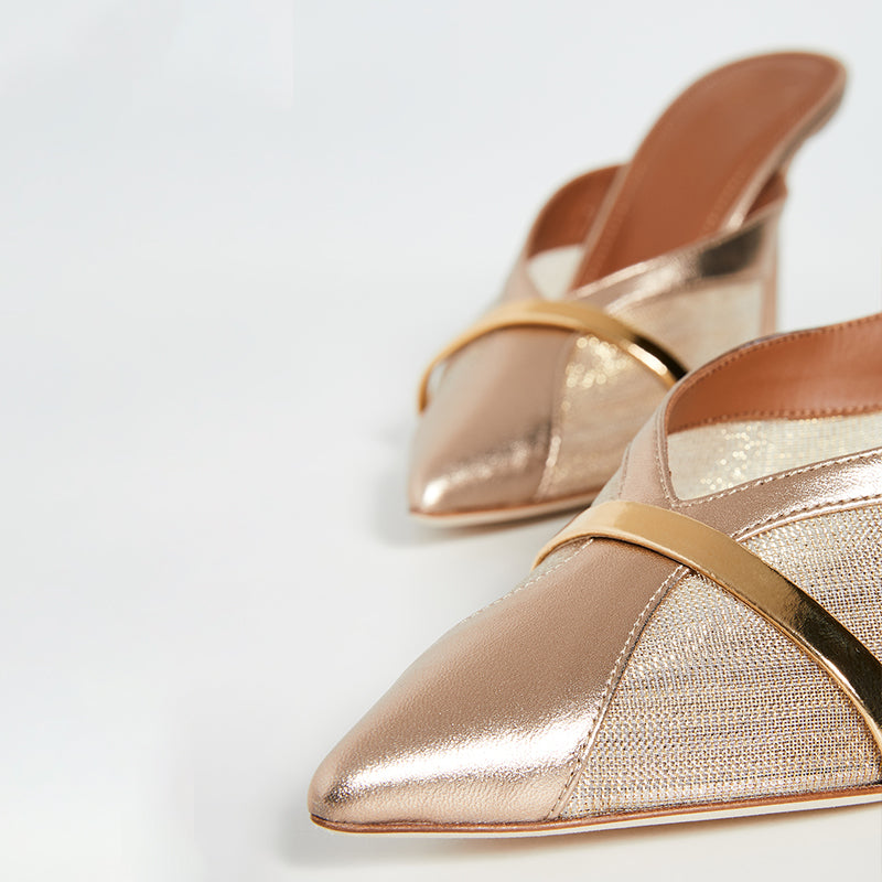 Women's Metallic Champagne Pointed Toe Mesh Mule Heels