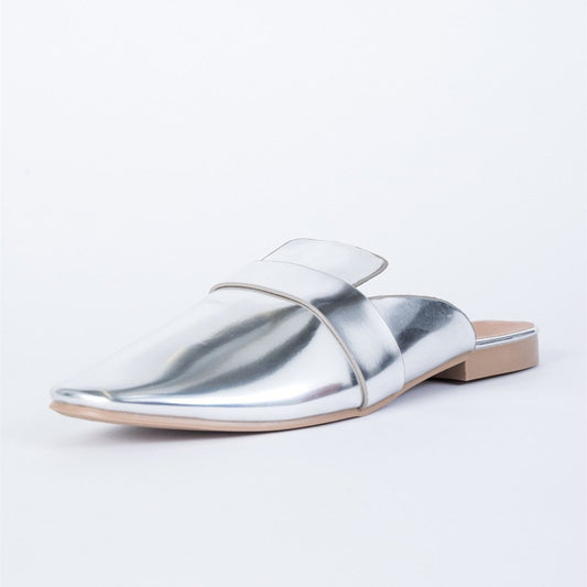 Metallic Silver Round Toe Flat Mule Loafers for Women