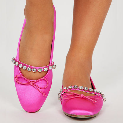 Hot Pink Satin Round Toe Rhinestone Ballet Flats with A Strap