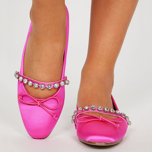 Hot Pink Satin Round Toe Rhinestone Ballet Flats with A Strap