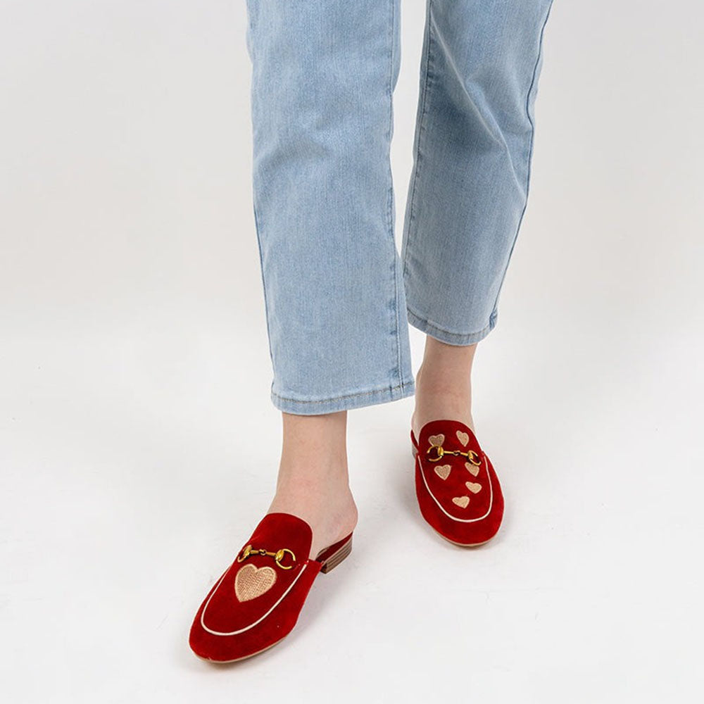 Red Vegan Suede Heart Embroidered Horsebit Mule Loafers