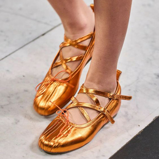 Metallic Orange Strappy Shoes Round Toe Ruched Bow Ballet Flats