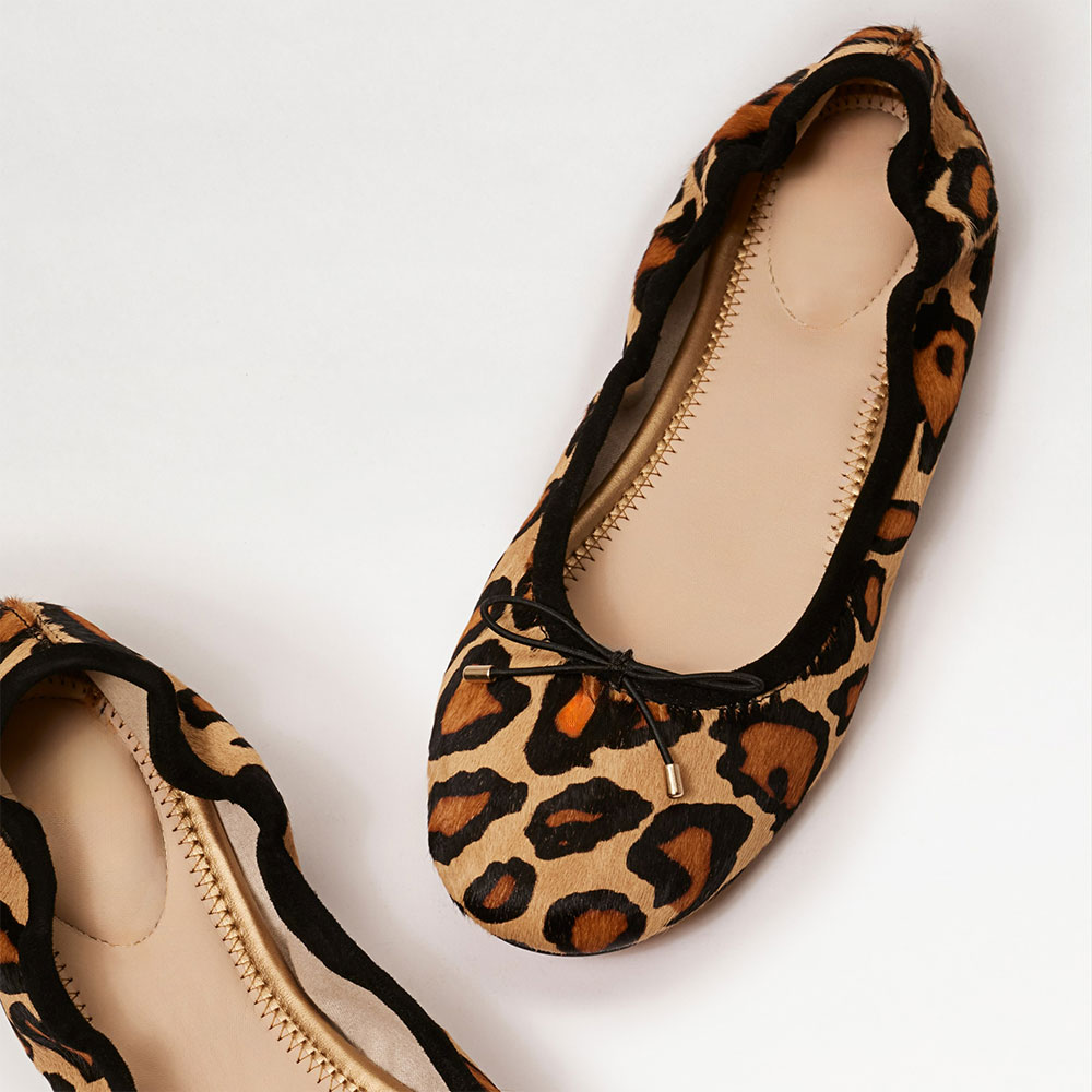 Tan Round Toe Bow Accent Elastic Top Line Leopard Flats by FSJ