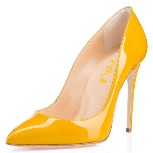 Yellow Patent Leather Stiletto Shoes Pointy Toe Office Pumps Heels