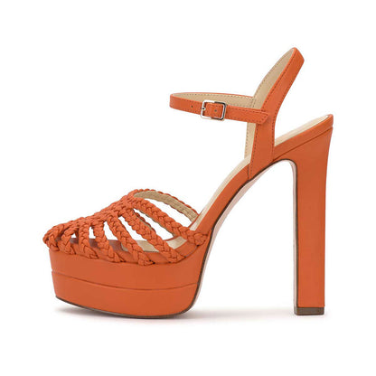 Orange Woven Ankle Strap Round Toe Platform Chunky Heeled Sandals