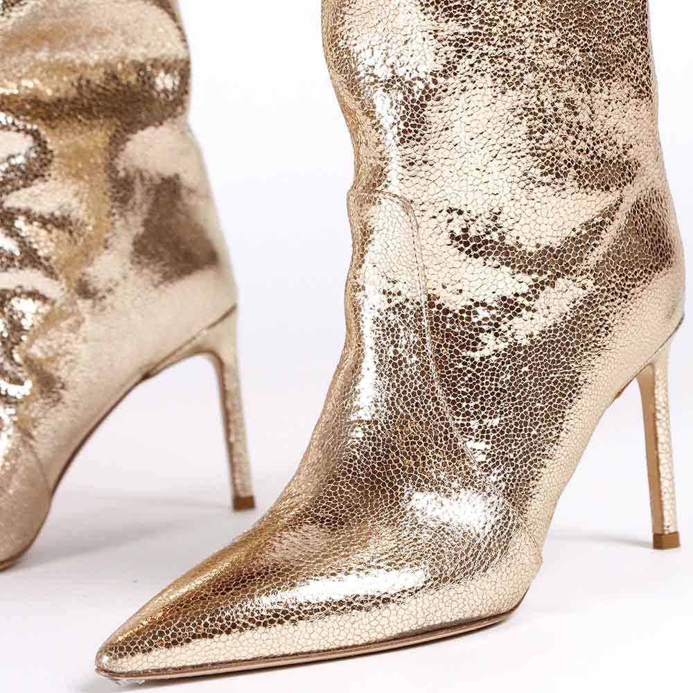 Gold Metallic Pointed Toe Stiletto Heel Wide Calf Knee High Boots