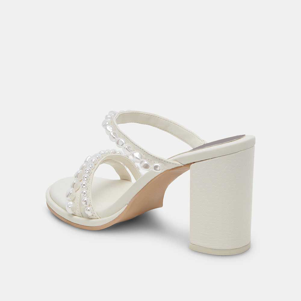 White Round Toe Chunky Heel Pearl-Studded Strappy Mules