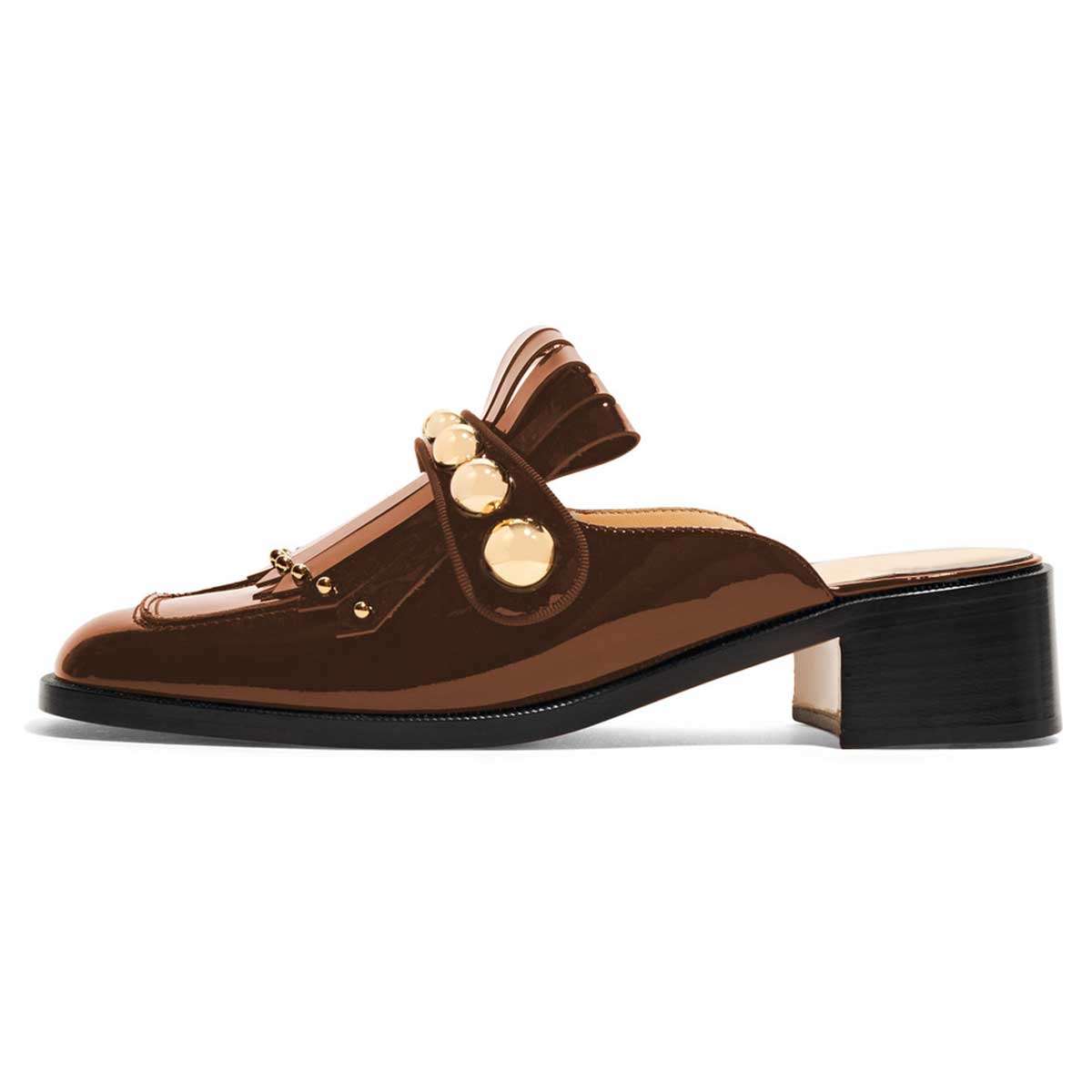 Brown Patent Leather Studded Fringe Chunky Heel Mule Loafers