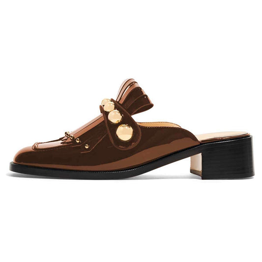 Brown Patent Leather Studded Fringe Chunky Heel Mule Loafers