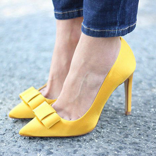 Yellow Vegan Suede Pointed Toe Bow Stiletto Heel Pumps Shoes