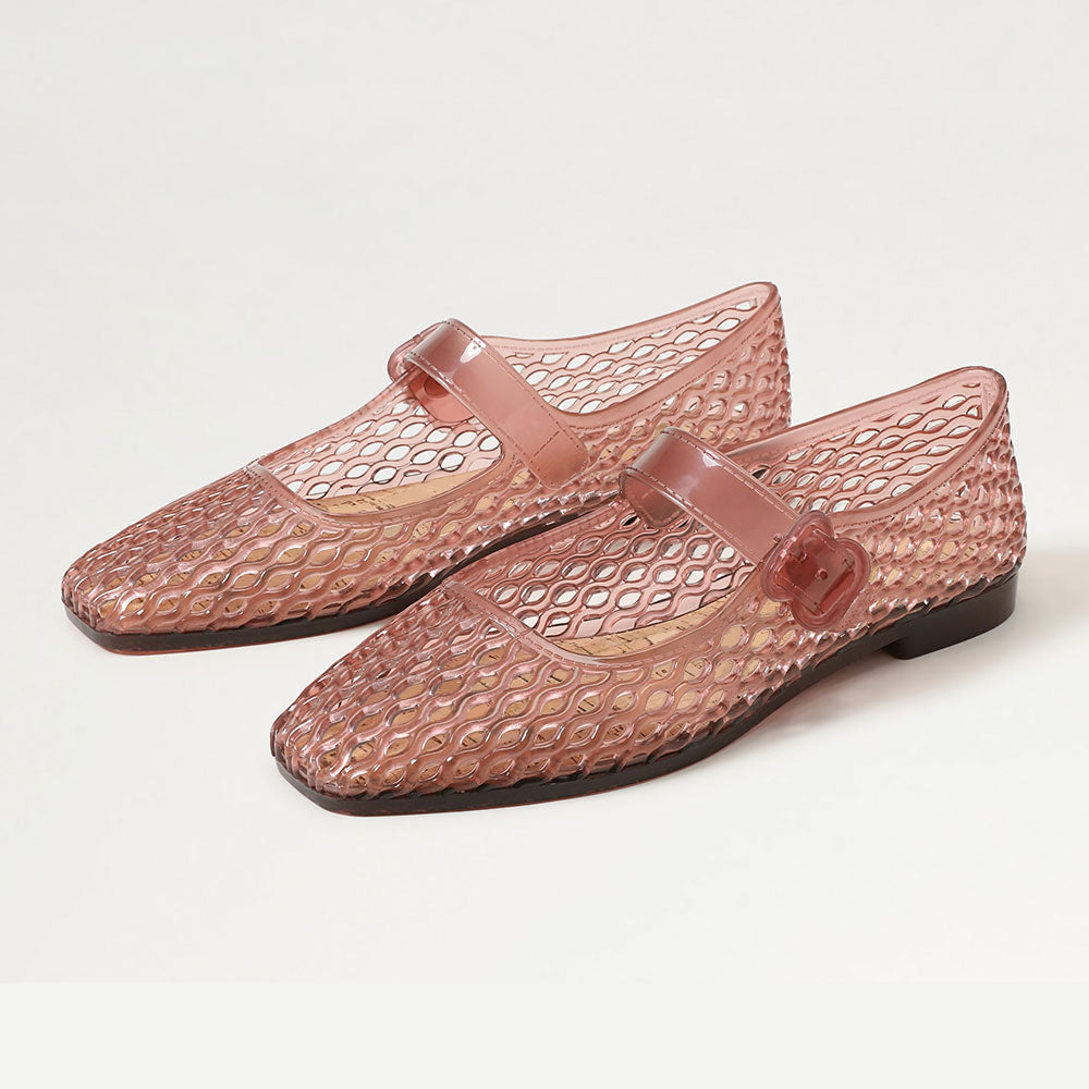 Pink Hollow Out PVC Square Toe Buckle Strap Jelly Mary Jane Flats