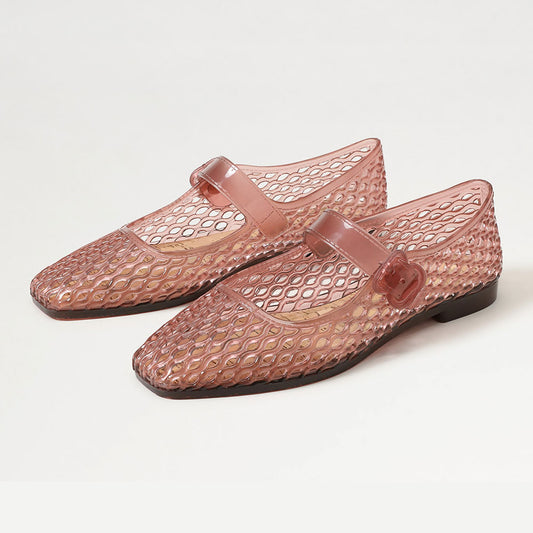 Pink Hollow Out PVC Square Toe Buckle Strap Jelly Mary Jane Flats