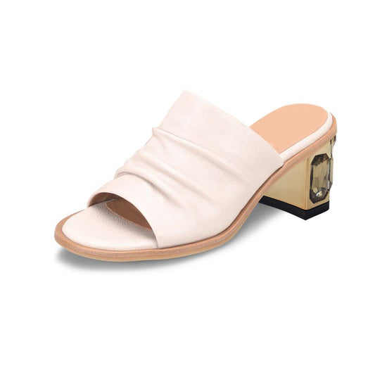 White Open Toe Decorative Heel Wide Band Mules
