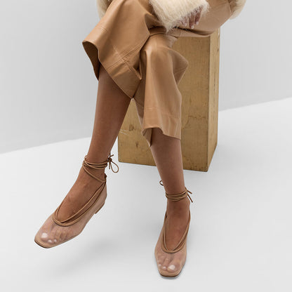 Chic Mesh Closed Square Toe Ankle Wrap Ballet Flats in Nude