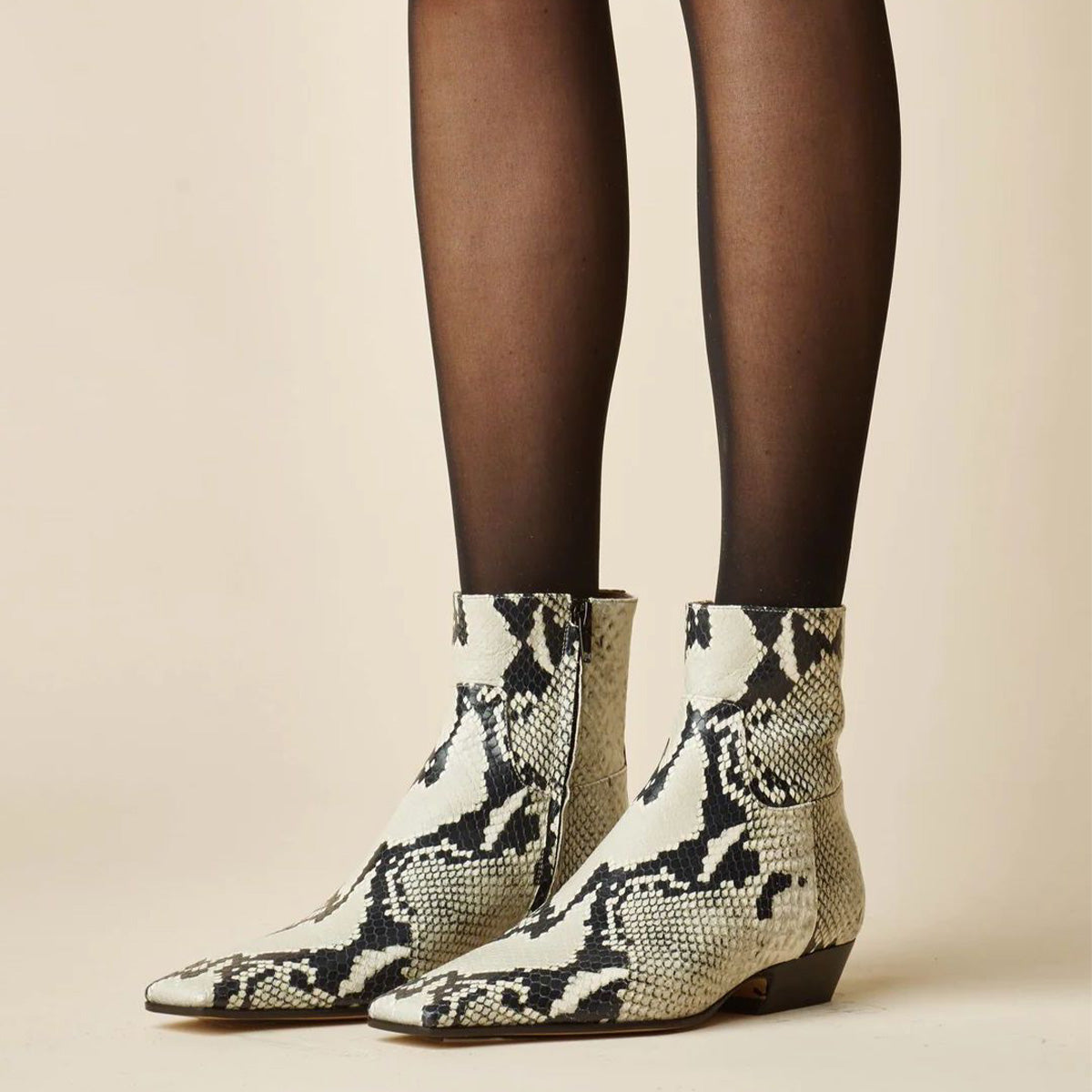 Beige & Black Snake Embossed Square Toe Zipper Low Heel Ankle Boots