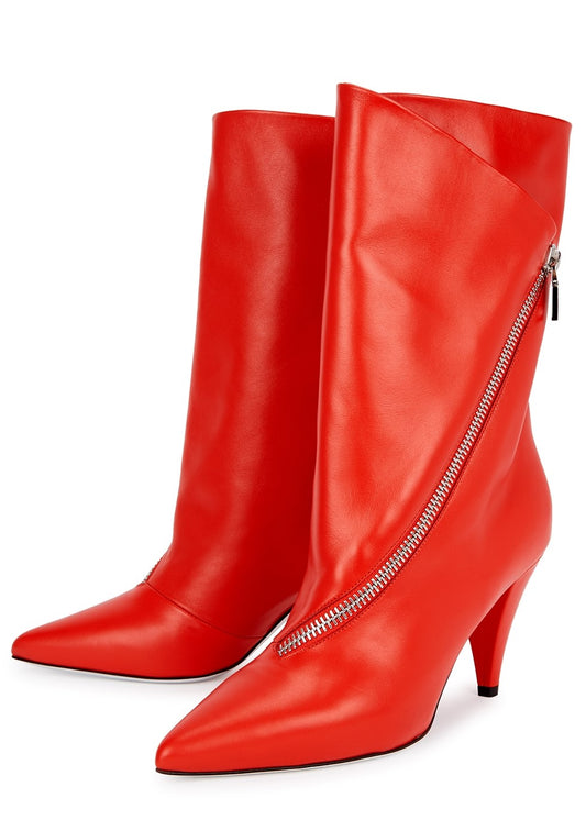 Red Pointed Toe Cone Heel Mid Calf Boots for Women