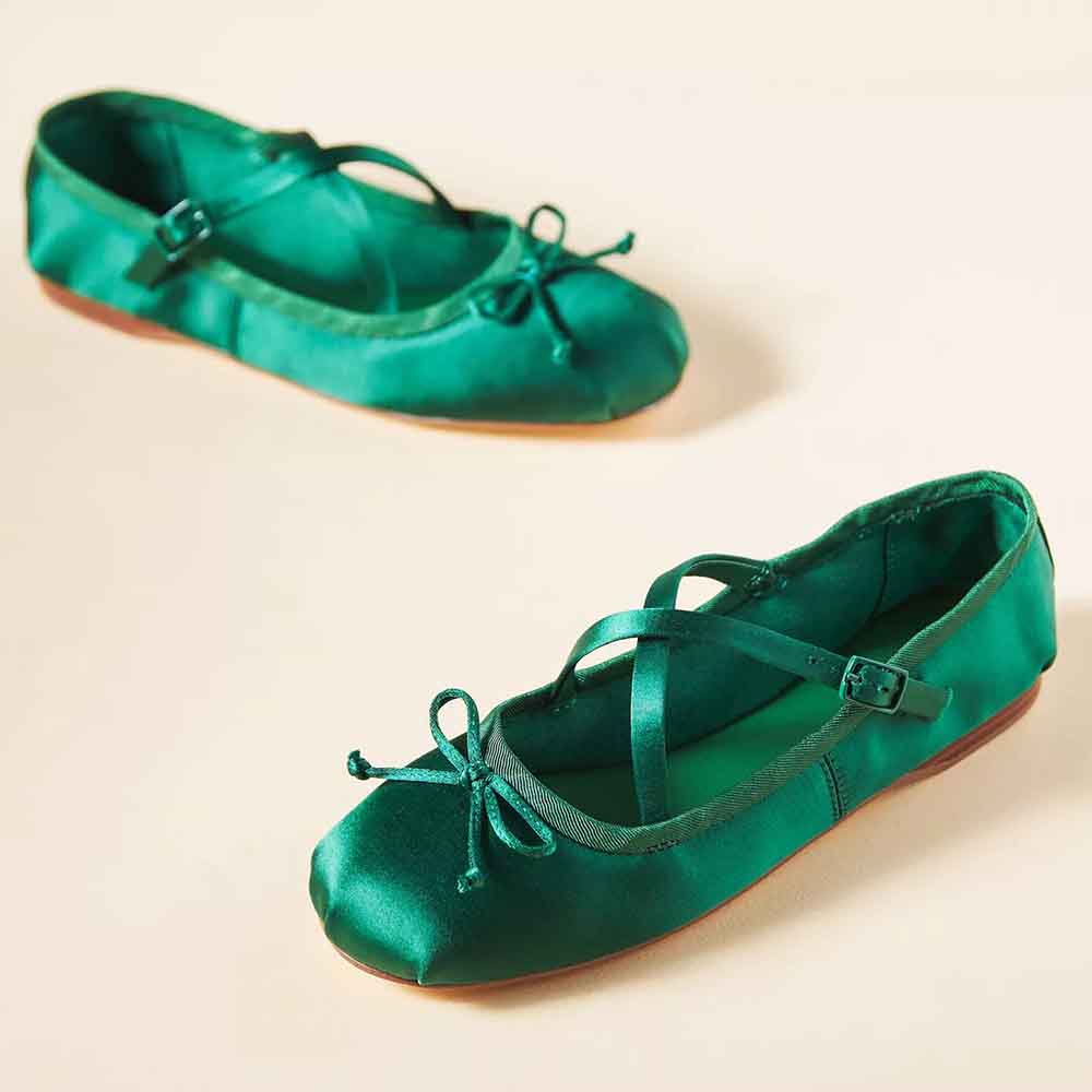 Green Satin Round Toe Criss-Cross Slip-On Ballet Flats with Bow