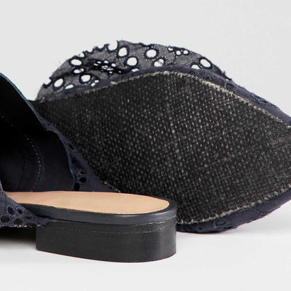 Navy Almond Toe Flat Cut-Out Lace Mule Loafers for Women