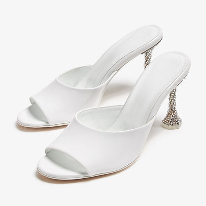White Open Toe Rhinestone Decor Flared Heel Mules Sandals