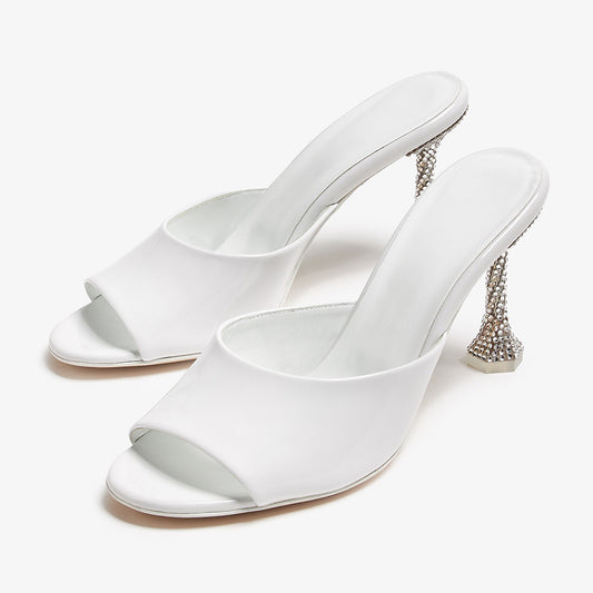 White Open Toe Rhinestone Decor Flared Heel Mules Sandals