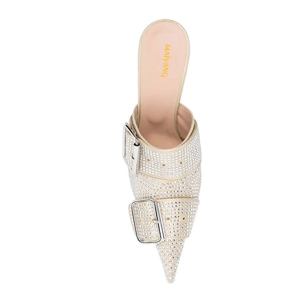 Beige Pointed Toe All-Over Rhinestone Buckle Strap Mule Heels
