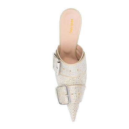 Beige Pointed Toe All-Over Rhinestone Buckle Strap Mule Heels