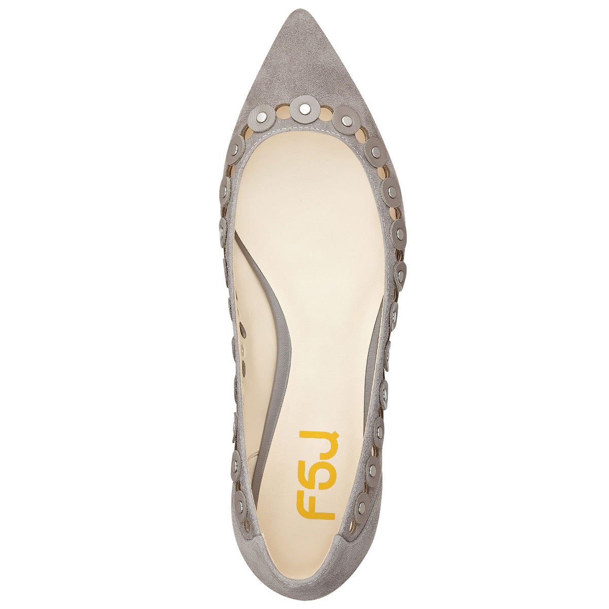 Grey Vegan Suede Hollow Out Studded Pointed Toe Flats for Women