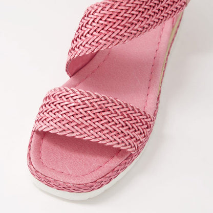 Pink Square Toe Woven Strappy Wedge Espadrille Sandals