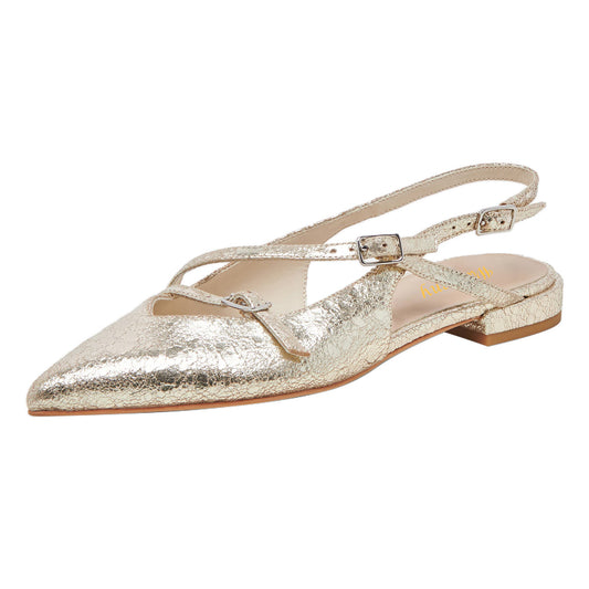 Champagne Pointed Toe Slingback Flats with Buckle Strappy Design