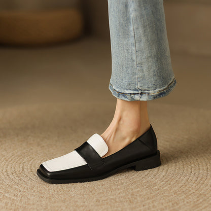 Black & White Square Toe Block Heel Loafers for Women