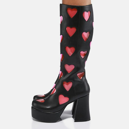 Black Round Toe Pink Heart Detail Y2K Knee High Boots with Platform