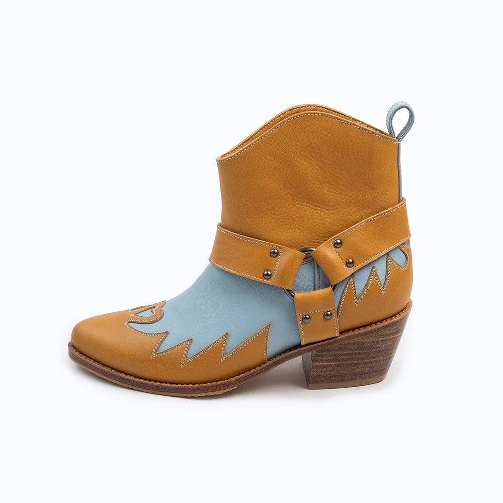 Yellow & Blue Pointed Toe Studded Ankle Cowgirl Boots for Women