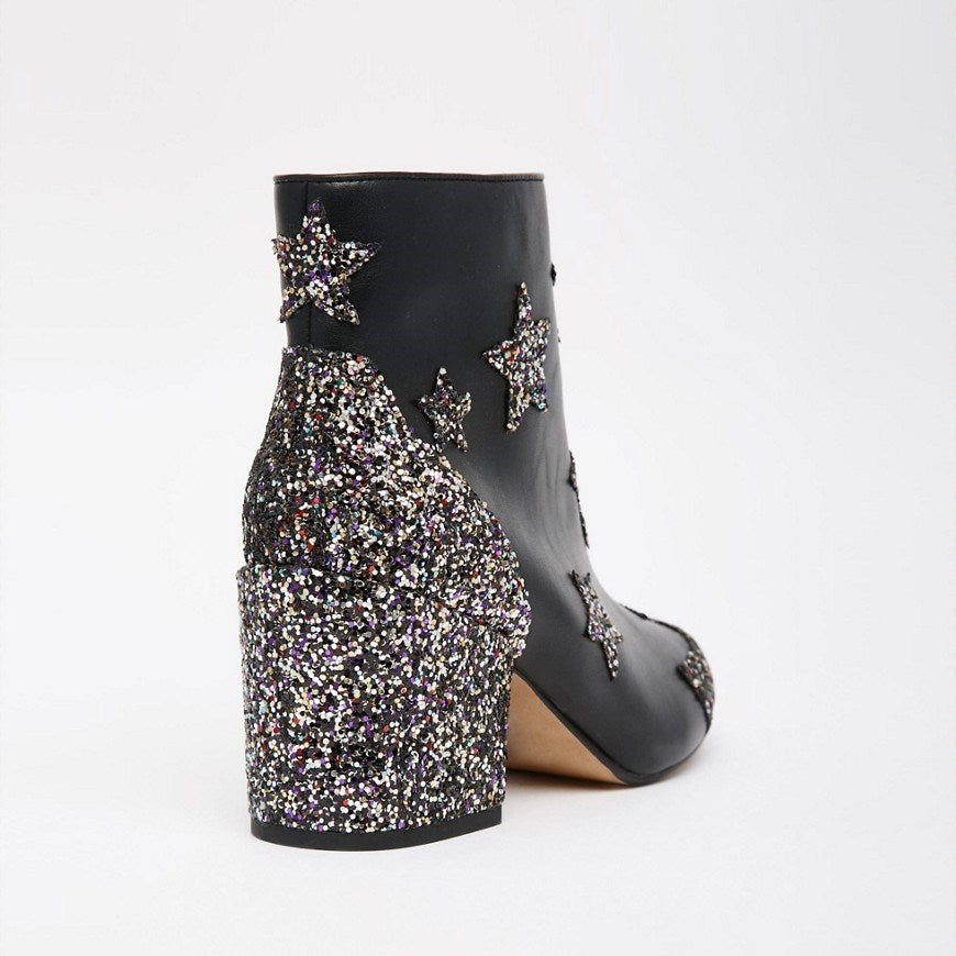 Black Almond Toe Glitter Patchwork Star Ankle Boots with Block Heel