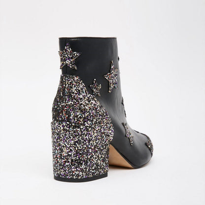 Black Almond Toe Glitter Patchwork Star Ankle Boots with Block Heel