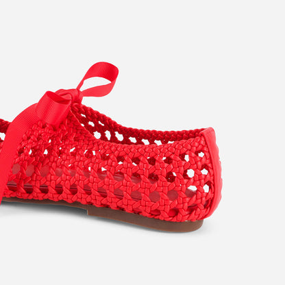 Red Vegan Leather Closed-Toe Woven Tie-Up Flat Shoes for Women