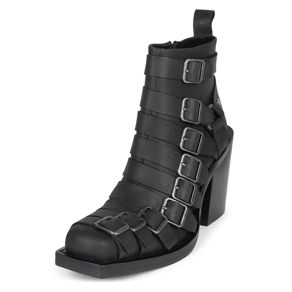 Black Square Toe Block Heel Ankle Boots with Multi-strap