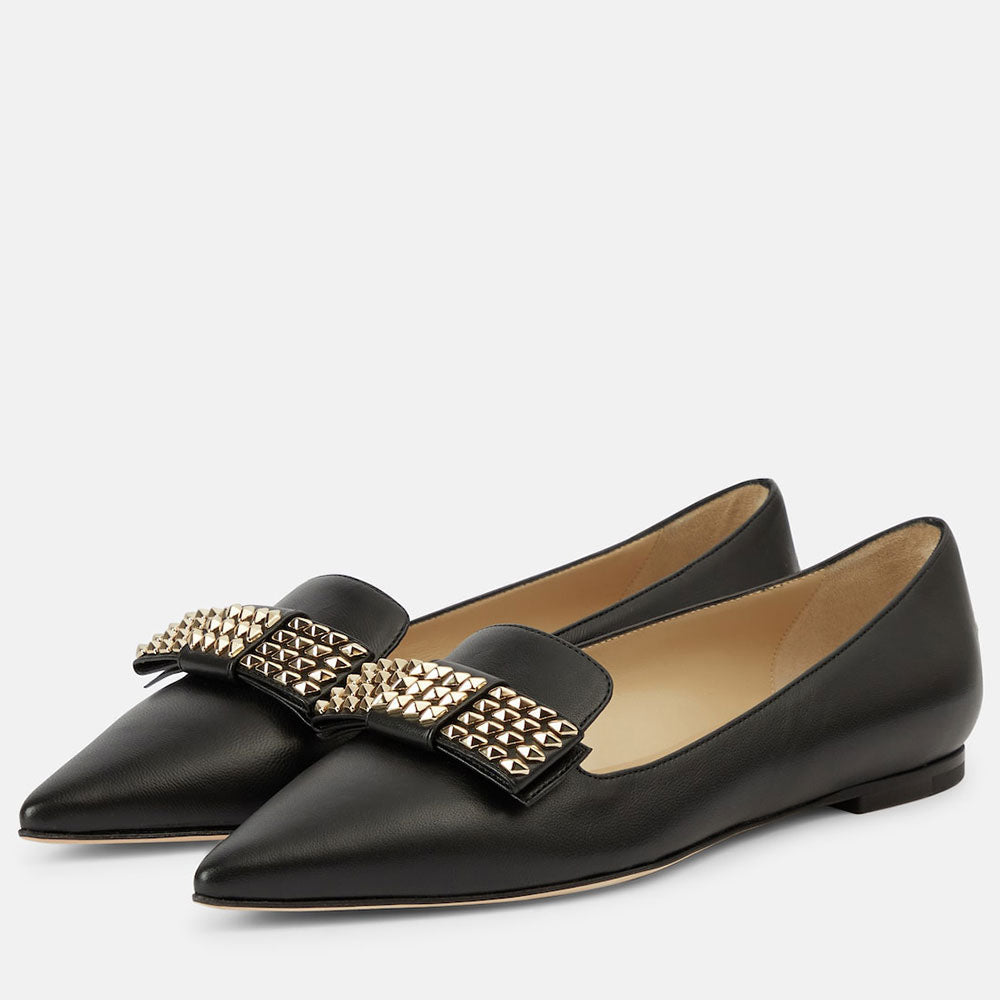 Black Slip-on Women's Shoes Pointed Toe Flats with Studded Bow