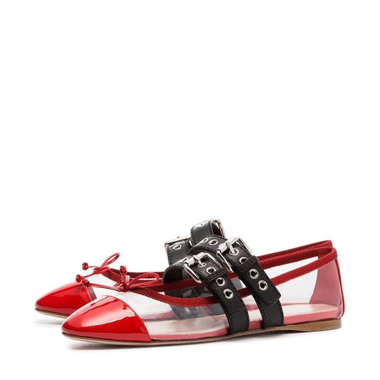 Red Patent Leather & PVC Patchwork Comfortable Flats with Buckles
