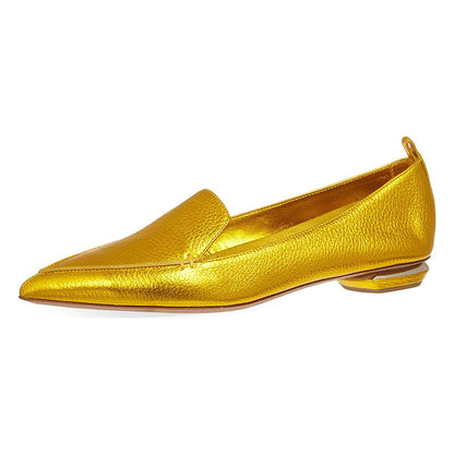 Gold Pointy Toe Low Heel Loafers for Women