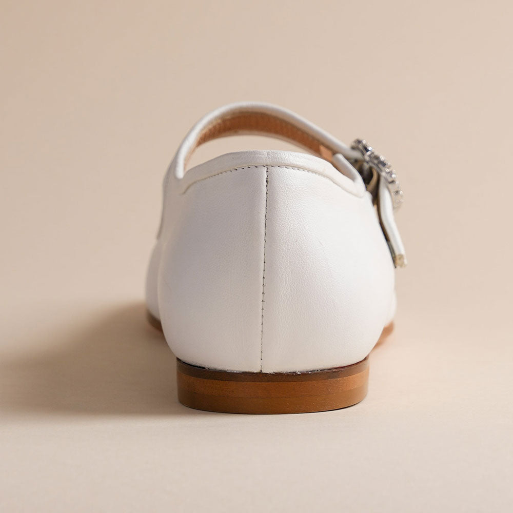 White Vegan Leather Round Toe Mary Jane Flats with Rhinestone Buckle