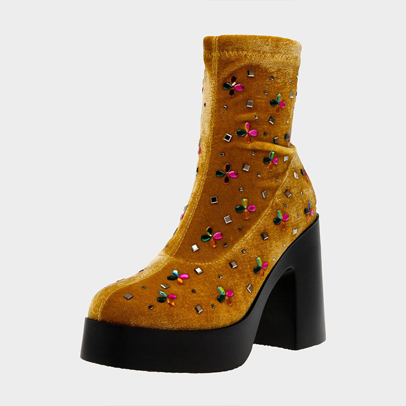 Yellow Velvet Round Toe Chunky Heel Rhinestone Platform Boots