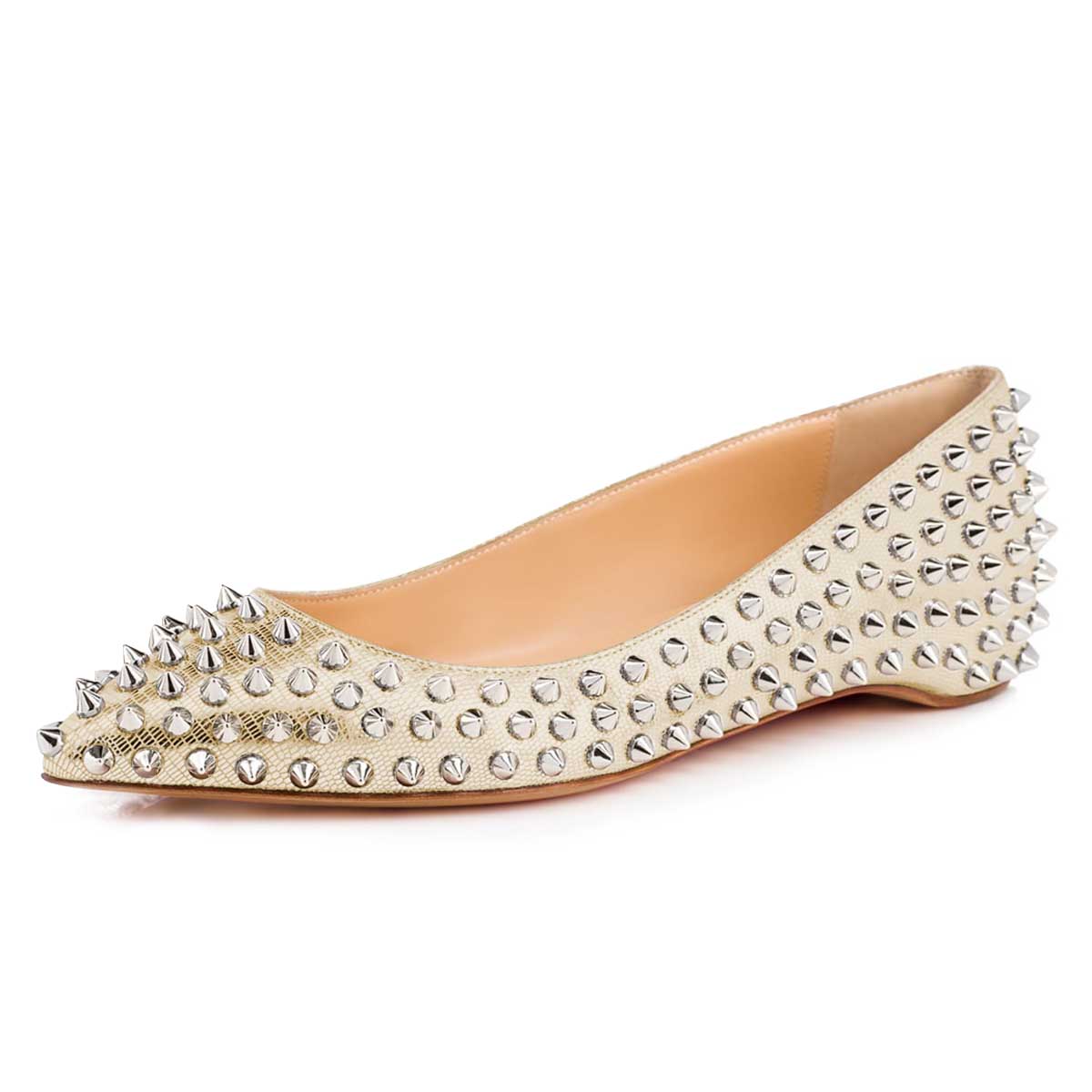 Chic Champagne Lizard Embossed Pointed Toe Flats with Rivets