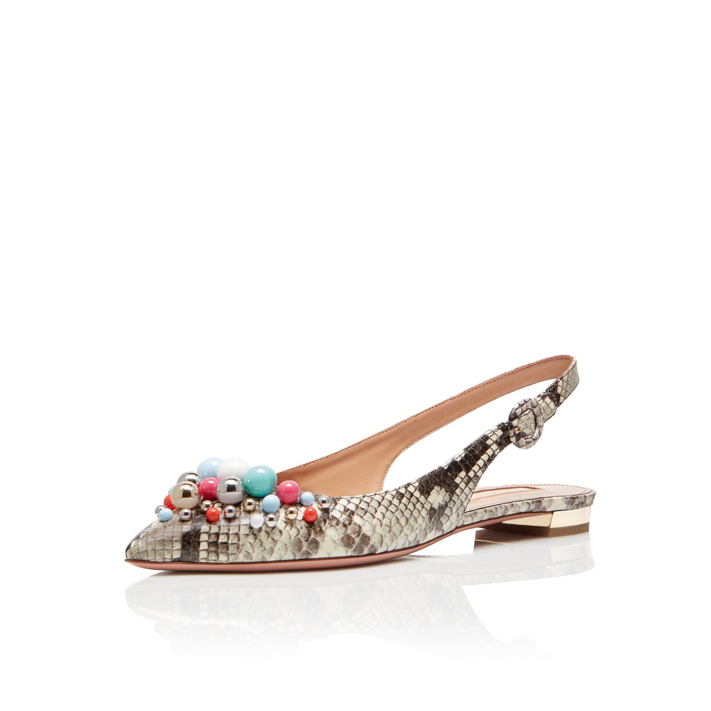 Snakeskin Embossed Buckled Slingback Shoes Beaded Pointed Toe Flats