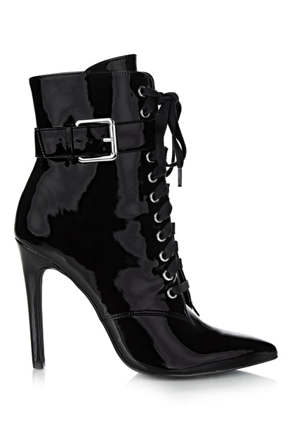 Black Patent leather Lace Up Stiletto Heels Pointy Toe Ankle Boots